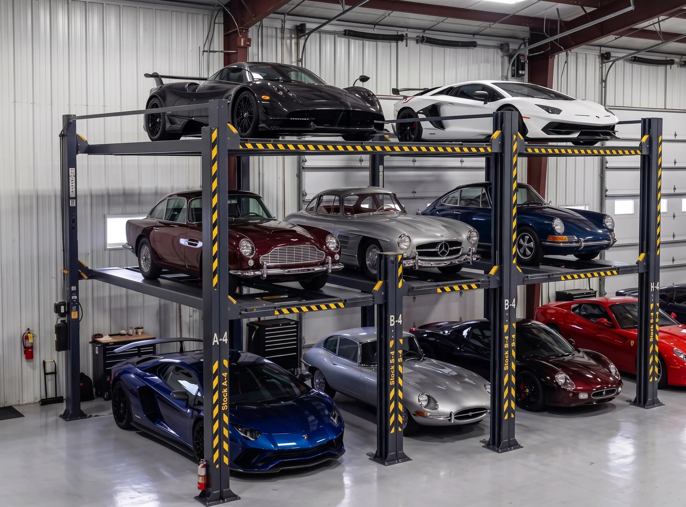 Three levels of vehicles held on commercial-scale triple-stack lifts